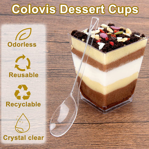 Colovis Dessert Cups, 60 Count 5oz Clear Plastic Parfait Appetizer Cups with Spoons Square Dessert Serving Cups for Parties, Events, Catering (60)