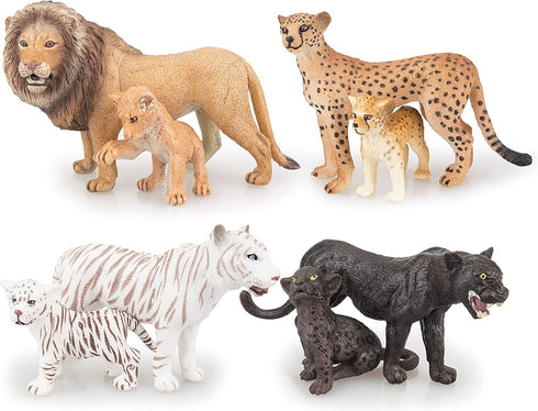 TOYMANY 8PCS 2-5" Plastic Jungle Animals Figure Playset Includes Baby Animals, Realistic Lion,Tiger,Cheetah,Black Panther Figurines with Cub, Cake Toppers Christmas Birthday Toy Gift for Kids Toddlers