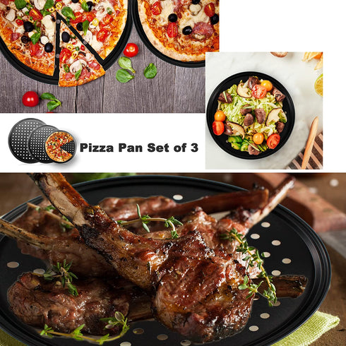 Baking Steel Pizza Pan with Holes, Round Pizza Pan for Oven, 9 Inch, 11 Inch, 12 Inch Bakeware Pizza Tray, mobzio Nonstick Baking Supplies Home Restaurant Kitchen Steel Crisper Pizza Pan Set (3 Pcs)