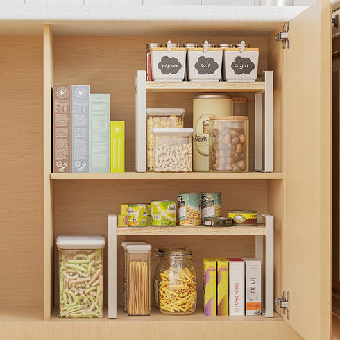 Cabinet Pantry Shelf Riser, Countertop Organizer, Heavy Duty Metal + Wood, Cupboard Stand Spice Rack, Under Sink Shelf, 13" L x 8.1" W x 9.6" H, White