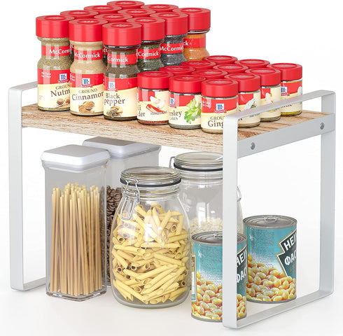 Cabinet Pantry Shelf Riser, Countertop Organizer, Heavy Duty Metal + Wood, Cupboard Stand Spice Rack, Under Sink Shelf, 13" L x 8.1" W x 9.6" H, White