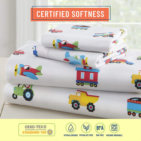 Wildkin Kids 100% Cotton Fitted Crib Sheet for Boys and Girls, Crib Sheets Measures 52 x 28 x 8 Inches, Kids Crib Sheets with Super Soft and Breathable Material, BPA-Free (Trains, Planes, and Trucks)