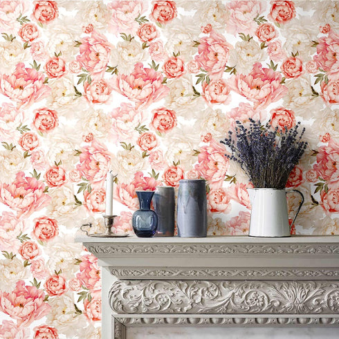 Blooming Wall Peel&Stick Removable Pink Champagne Fresh Peony Self-Adhesive Prepasted Wallpaper Wall Mural (Vintage Pink/Light Champagne, 17.7€œx118)