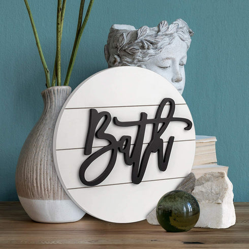 Modern Rustic 3D Bath Sign,Shiplap Farmhouse Bathroom Round Sign for Wall Hanging Decor, Handcrafted œBath? Sign Home Wooden Sign (White)
