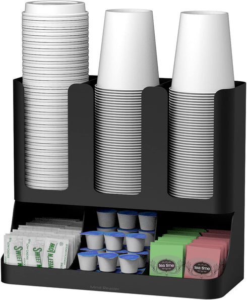 Mind Reader 6 Compartment Upright Breakroom Coffee Condiment and Cup Storage Organizer, Black, 13.5 x 4.30 x 12