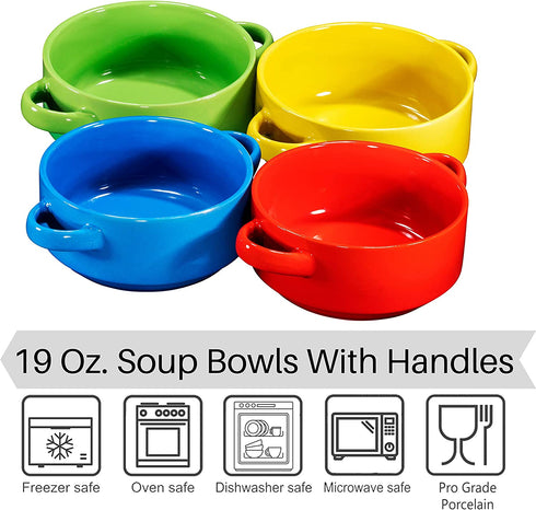 Porcelain 19 Oz. Soup Bowls With Handles - Oven Safe Bowls For French Onion Soup, Multi-Color Oven Soup Bowls, Set Of 4