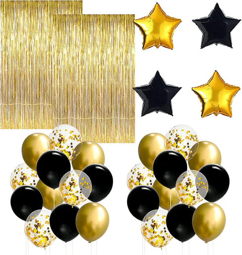 Black and Gold Party Decorations Kit, Gold Foil Fringe Curtain Backdrop, Black and Gold Star Mylar Balloons, Black and Gold Balloons Set for Birthday, Graduation Party Supplies