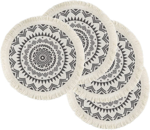 Sungea Mandala Round Placemats Set of 4, Boho Cotton Woven Macrame Tassels Table Mats Washable Heat Resistant Neutral Place Mat for Dining Room Kitchen Table Decor (13 Inches, Dark Grey)