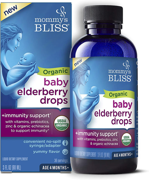 Mommy's Bliss Organic Baby Elderberry Drops, Immnity Support with Vitamins, Prebiotics, Zinc & Organic Echinacea, Age 4 Months +, 3 Fl Oz (36 Servings)