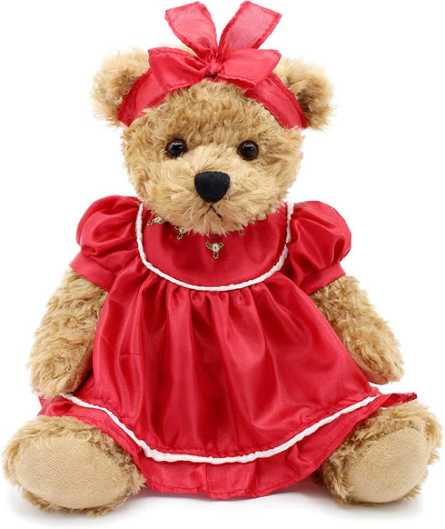 Oits-cute Small Baby Teddy Bear with Cloth Cute Stuffed Animal Soft Plush Toy 10" (Red lace Dress)