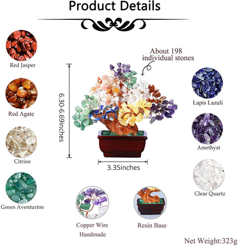 CrystalTears Chakra Crystal Money Tree Reiki Healing Crystal Gemstone Bonsai Tree Feng Shui Tree Ornament for Home Decor Wealth Good Luck 6.3"-6.6"