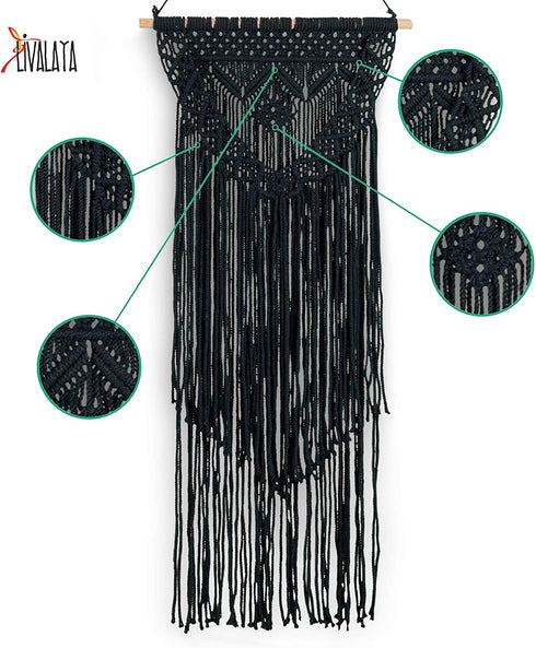 Boho Black Macrame Wall Hanging Woven Decor - Black 16 x 36 Inches Modern Bohemian Farmhouse Wall Art Tapestry Decor for House, Apartment, Dorm Room, Nursery, Party Decorations, Wedding, Wall Ornament
