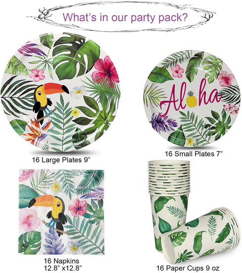 HIPEEWO Hawaiian Aloha Party Decorations - Luau Tropical Party Supplies, Including Plates, Napkins, Hawaiian Theme Cups for Tiki Summer Pool and Tropical Birthday Party Serves 16 Guests 64 PCS