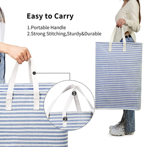 ZERO JET LAG 72L Laundry Hamper with Handles Large Laundry Basket Laundry Bin Collapsable Dirty Clothes Basket Laundry Bag Foldable Dirty Hamper (Striped Blue)