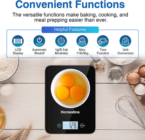 Homestine Digital Food Scale, 11lb Kitchen Scale Weight Grams and oz for Cooking Baking, 1g/0.1oz Precise Graduation, Lightweight Solid Plastic and Tempered Glass