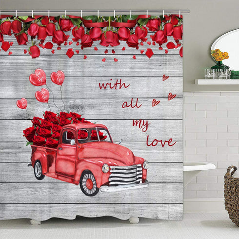 Valentine's Day Shower Curtain, Car Filled with Red Roses and Love Balloon Waterproof Shower Curtain with 12 Hooks for Bathroom Valentine's Day