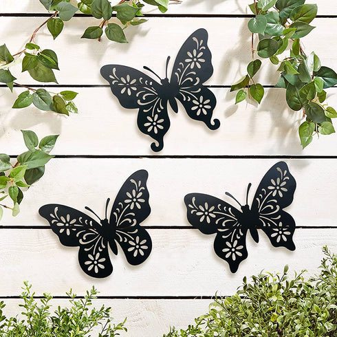 Metal butterfly wall art decor, 9inch set of 3 black Concise Decoration Hanging for living room bedroom bathroom Kitchen Patio Balcony House indoor outdoor, unique gift choice Waiu