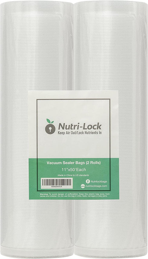 Nutri Lock Vacuum Sealer Bags - Set of 2 11x50 Inch BPA-Free Rolls - Vac Seal for Sous Vide & Meal Prep - Compatible with Foodsaver, Commercial Grade Bag
