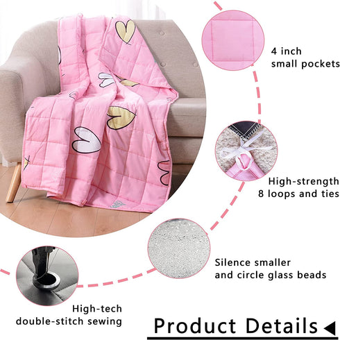 Joyching Weighted Blanket Kids 2 lbs 36x48 inches Egyptian Cotton 600TC for Toddler Cooling Soft Heavy Throw Child Bed Size with Glass Beads, Printed Pink Heart