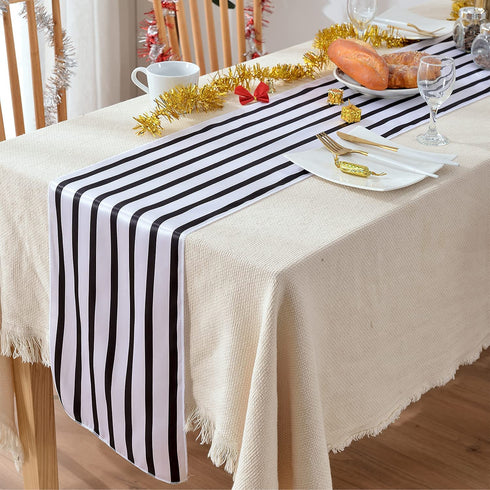 HYCC 10-Pack Stripes Satin Table Runner for Wedding/Bridal Shower Birthdays/Baby Shower and Special Events (Black/White, 12"X 108")