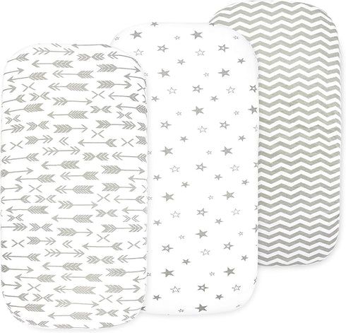 Baby Bassinet Sheet Set for Boy and Girl, 3 Pack, Universal Fitted for Oval, Hourglass & Rectangle Bassinet Mattress, Fitted Sheets Size 32 x 16 x 4 Inches, Grey-White