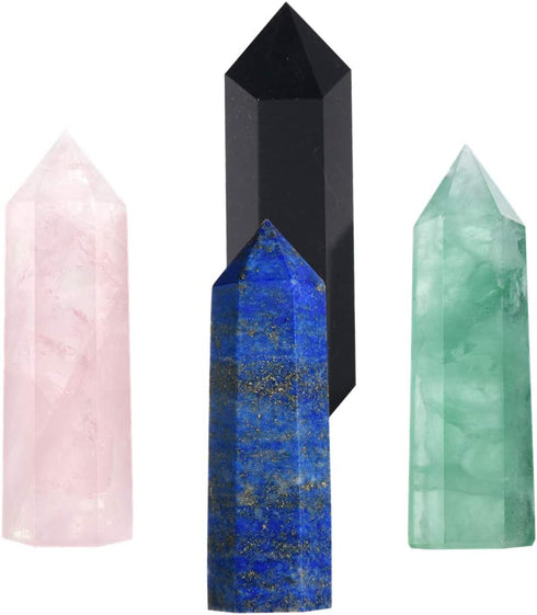 Luckeeper Healing Crystal Wands |4 PCS 2" Green Fluorite, Lapis Lazuli Crystal Wand & Rose Quartz Crystal Points,Black Obsidian| 6 Faceted Reiki Chakra Meditation Therapy
