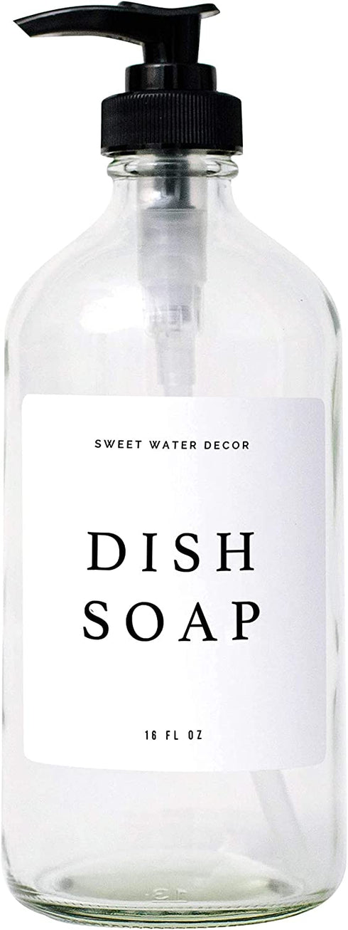 Sweet Water Decor Clear Glass Jar | Refill Dish Soap Dispenser | 16 oz Refillable Bottle with Pump | White Waterproof Label with Black Text| Rustic, Modern, Farmhouse Gift (Dish Soap)