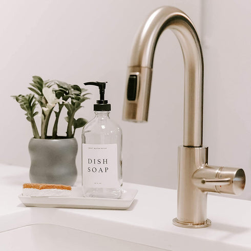 Sweet Water Decor Clear Glass Jar | Refill Dish Soap Dispenser | 16 oz Refillable Bottle with Pump | White Waterproof Label with Black Text| Rustic, Modern, Farmhouse Gift (Dish Soap)