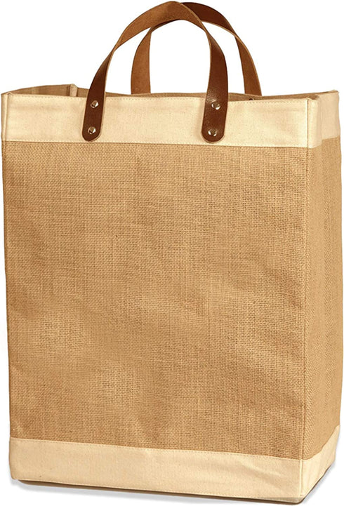 Reusable Jute French Market Tote Burlap Grocery Bags with Faux Leather Strap Handles, Interior Pocket, and Water Resistant Inner Lining Jute Shopping Bag, EXULTIMATE