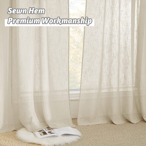 RYB HOME Living Room Sheer Curtains - Solid Linen Semi Sheer Panels Window Decorating Drapes, Rod Pocket Privacy Sheer for Kids Bedroom Playroom Cabin, Warm Beige, W 52 x L 72 inches, Set of 2