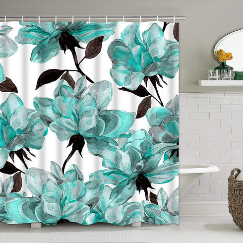 TAMOC 4 Pcs Watercolor Flower Shower Curtain Set with Non-Slip Rug, Toilet Lid Cover and Bath Mat, Blue Rose Shower Curtain with 12 Hooks, Waterproof Colorful Floral Bathroom Shower Curtain