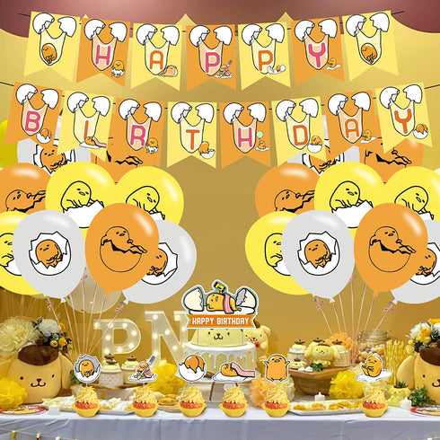 82 Pieces Lazy egg Party Supplies, Gudetama Themed Birthday Party Decoration included Banner, Latex Balloon, Cake Topper, Cupcake Toppers, 50pcs Stickers for Lazy egg Party Decoration.