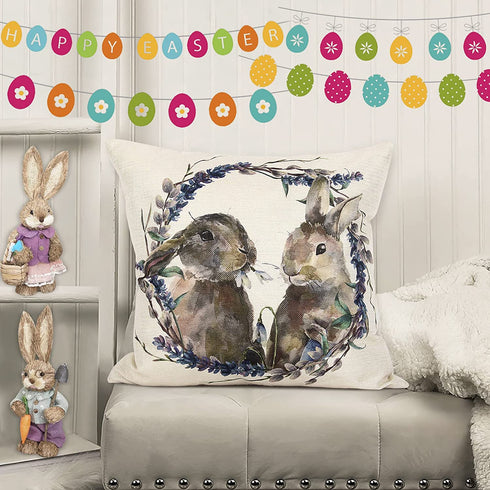 AOKE Set of 4 Easter Throw Pillow Covers 18 x 18 Inches, Rabbit Bunnies with Eggs Cotton Linen Pillow Case, Spring Season's Sofa Bed Throw Cushion Cover Decoration