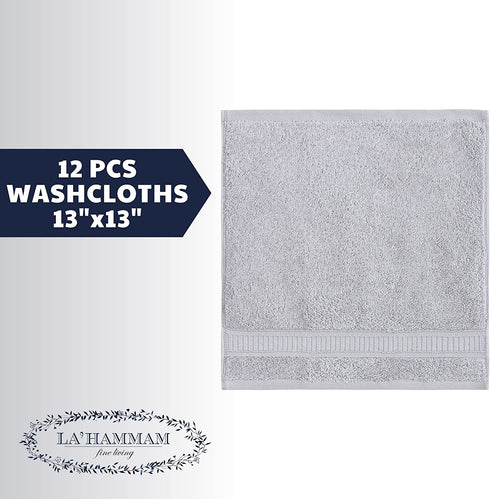 LA™ HAMMAM FINE LIVING - 12 Pack 13? × 13? Soft Cotton Washcloths for Bathroom, Kitchen, Hotel, Spa, Gym | Absorbent and Durable Washcloths Set for Baby and Adults - Light Grey