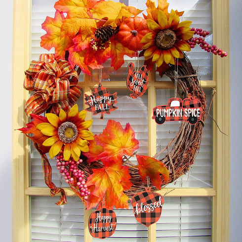 24 Pieces Thanksgiving Buffalo Plaid Ornament Wooden Hanging Sign Hanging Wishes Craft for Fall Harvest Wall Decoration 6 Styles Pumpkin Turkey Truck (Orange and Black) (Orange and Black, 24)