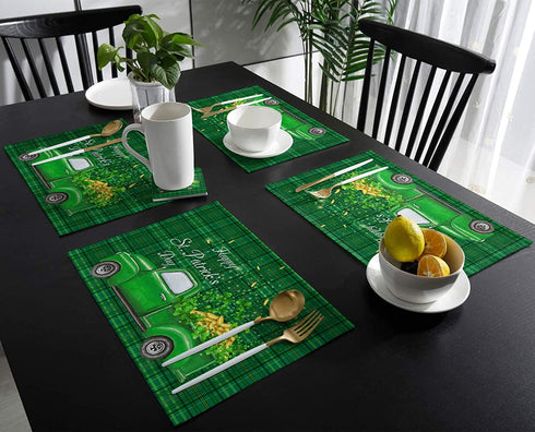 WARM TOUR Placemats for Dining Table Set of 4, St. Patrick's Day Green Truck and Lucky Clover Table Mats Washable Cotton Linen Non-Slip Green Grid Placemats for Home Kitchen Tables Decoration