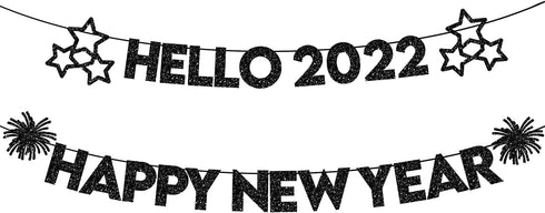 Hello 2022 Happy New Year Banner - NO DIY, Black Glitter | Happy New Year Sign for New Years Eve Party Supplies 2022 | Happy New Year Decorations 2022 | New Years Eve Banner for NYE Decorations 2022