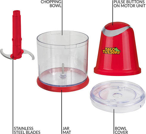 Taco Tuesday 2-Speed Chopper, Perfect For Salsa, Guacamole, Dip, Sauces, Hummus, Stainless Steel Blades, 2-Cup Capacity, Red