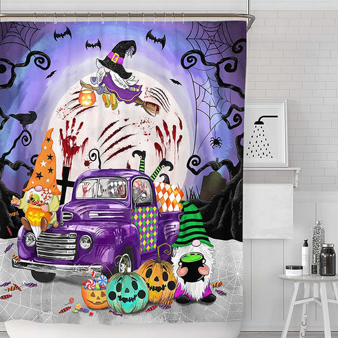 Bonsai Tree Halloween Shower Curtain for Bathroom, Trick or Treat Pumpkins Waterproof Bath Curtain, Gnomes Purple Truck Spooky Witch Black Cat Holiday Decor Fabric Shower Curtains with Hooks, 72"x72"