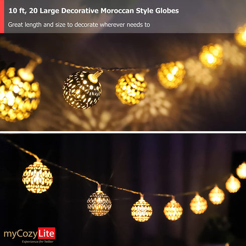 LED Globe String Lights, Plug in with Timer, 8 Funtions, 3V Low Voltage Transformer, Unique Pattern, 20 Golden Metal Globes, Warm White Moroccan Lights, Extendable