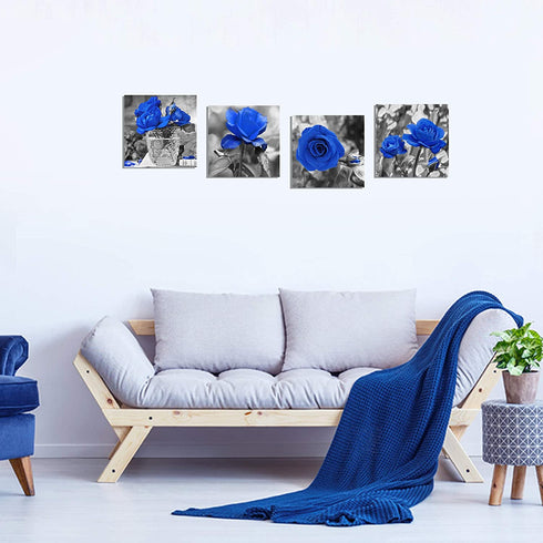 Blue Rose Flower Wall Art Paintings Wall Art Paintings Floral Prints on Black and White Canvas Wall Decoration Framed for Bathroom Bedroom Decor Artwork 4- Panel 14x14 Inch