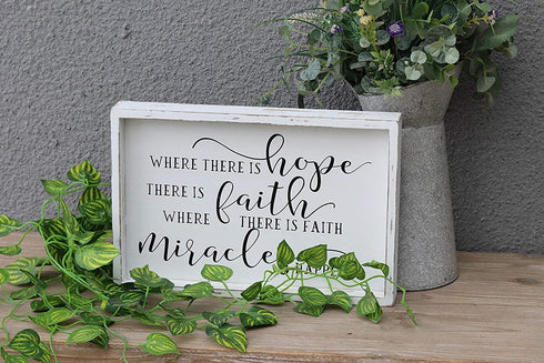 Parisloft Where There is Hope There is Faith Where There is Faith Miracles Happen Wood Wall Framed Sign, White Washed Wood Inspirational Wall Decor