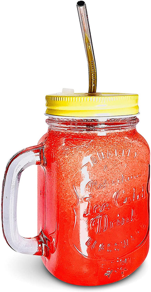Home Suave 16 oz Glass Mason Jars Mugs with Handle, Lids with 2 Reusable Stainless Steel Straws, Regular Mouth, Set of 2 (Light Blue & Yellow))