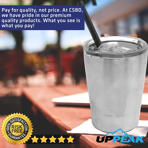 UpPeak 8.5 oz. Stainless Steel Cups with Clear Lids and Plastic Straws, 2 Pack, Double Walled Insulated for Hot and Cold Drinks, Travel Tumblers for Coffee, Cold Brew, Water or Smoothies