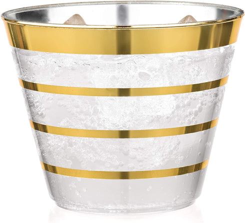 Perfect Settings 110 Premium Gold Rimmed (4 Ring) Clear Plastic Disposable Party Cups 9 Ounce Holiday Gathering or Wedding Party Elegant Disposable Cups