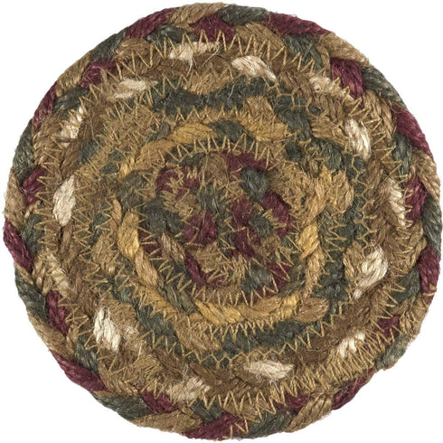 VHC Brands Tea Cabin Jute Coaster Set of 6 Log Cabin Country Rustic Lodge Kitchen Tabletop Design, Moss Green and Deep Red
