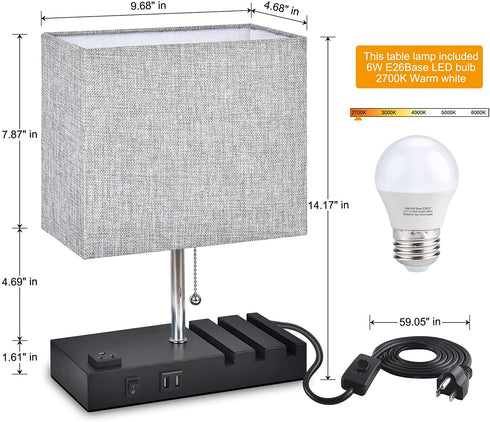 Table Lamp with USB Port, Bedside lamp for Bedroom Warm White Bulb Winshine 3 Phone Stands Grey Shade Modern Lamp with Dual USB Port, AC Outlet, Pull Chain Switch Ideal for Desk, Bedroom, Nightstand