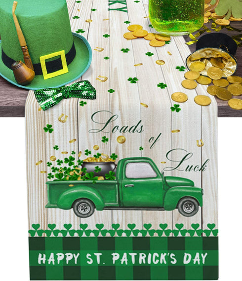 Chic D St.Patrick's Day Table Runner 13x70inch, Vintage Truck St.Patrick's Day Cotton Linen Spring Table Cloth Runners for Wedding Party Dinning Coffee Holiday, Farmhouse Style, Rustic Wood Gold Coin