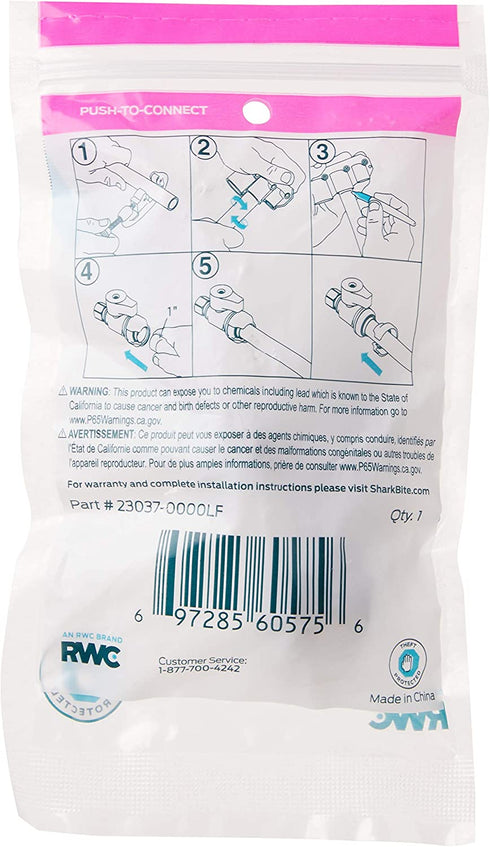 SharkBite 23037-0000LF Brass Push Valves, 1/2" x 3/8"
