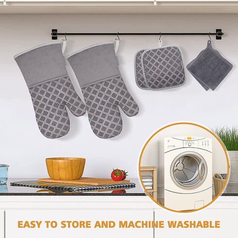 Oven Mitts and Pot Holders Kitchen: 500° Heat Resistant Oven Gloves Silicone Ovenmitts Hotpads Set - Quilted Long Kitchen Mittens Potholders Washable Mits Hot Pads Flexibility for Baking